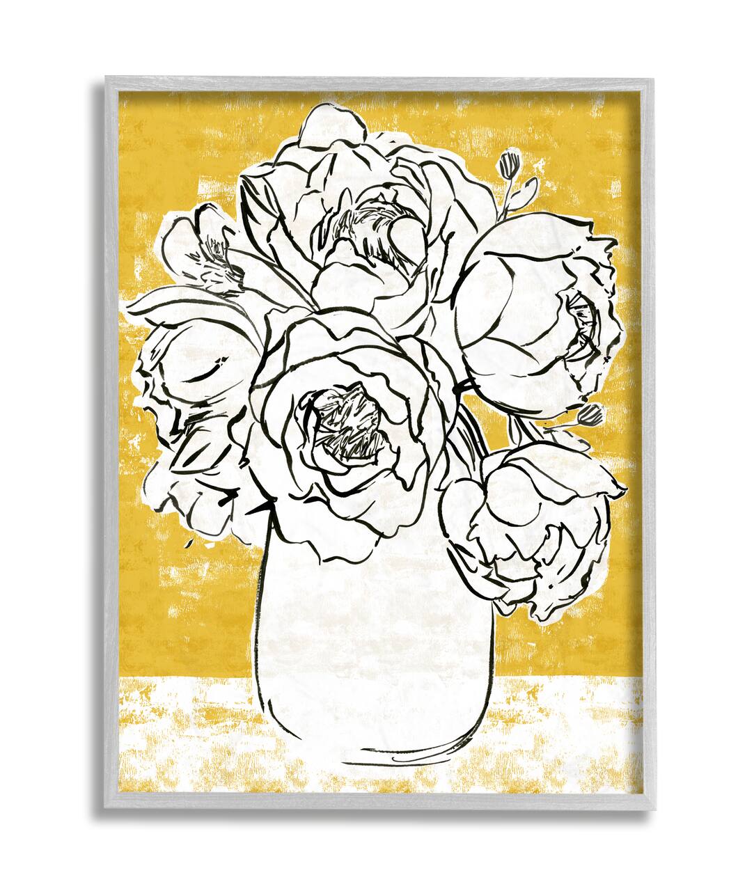 Stupell Industries Peony Sketch Bouquet Contrasted Distressed Yellow Framed Wall Art